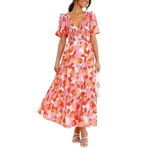 Sissyaki Floral Smocked Maxi Dress Pink Orange Puff Sleeve V-Neck Tiered Dress M